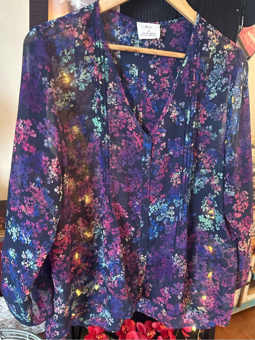 Pins & Needles vintageSheer Floral V-Neck Blouse in Navy with Pink & Blue Accent